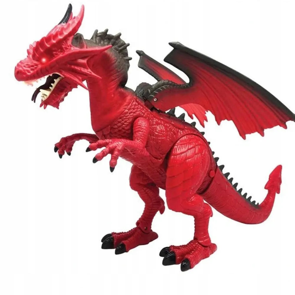 Didelis ugnimi spjaudantis drakonas dinozauras, valdomas pulteliu, riaumoja, vaikšto ir purškia garus