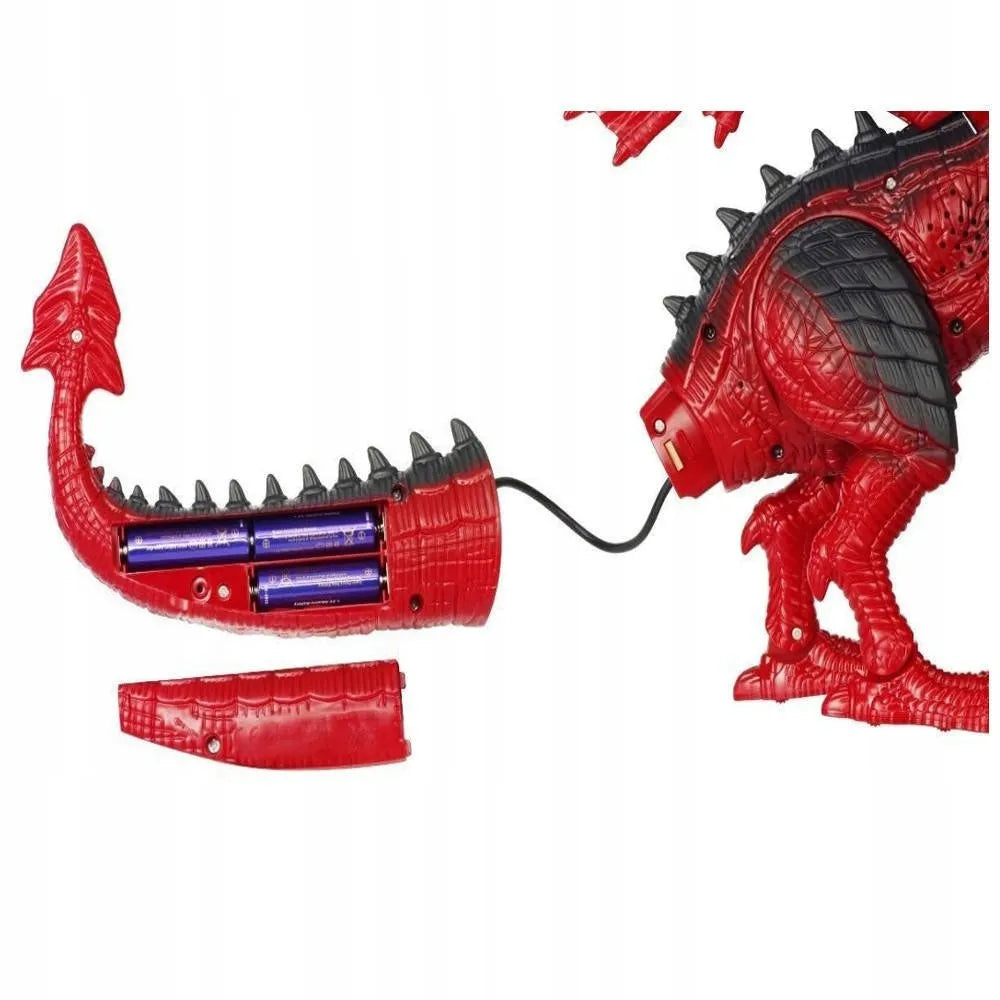 Didelis ugnimi spjaudantis drakonas dinozauras, valdomas pulteliu, riaumoja, vaikšto ir purškia garus
