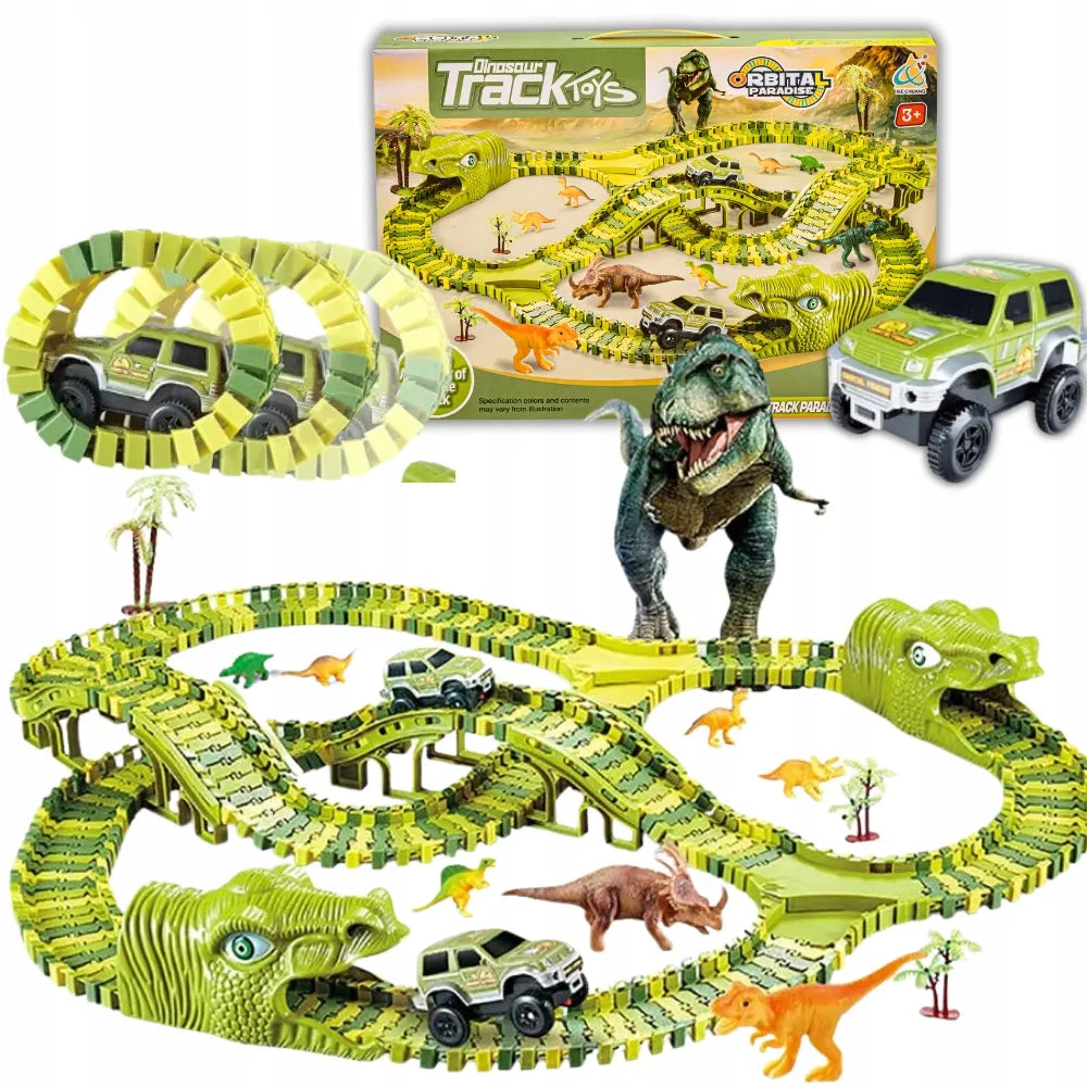 Dinozaurų parko lenktynių trasa „Magic Track“ su automobiliu, konstruktoriaus rinkinys, 270 dalių