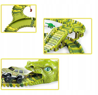 Dinozaurų parko lenktynių trasa „Magic Track“ su automobiliu, konstruktoriaus rinkinys, 270 dalių