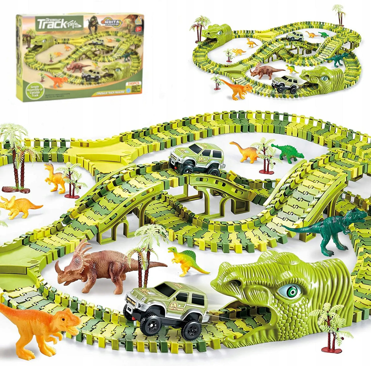 Dinozaurų parko lenktynių trasa „Magic Track“ su automobiliu, konstruktoriaus rinkinys, 270 dalių