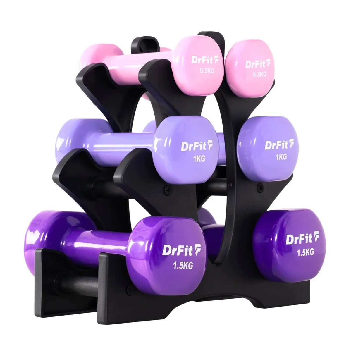 DrFit 6 hanteli rinkinys su stovu, 6 kg (2x 0,5 kg, 2x 1 kg, 2x 1,5 kg)
