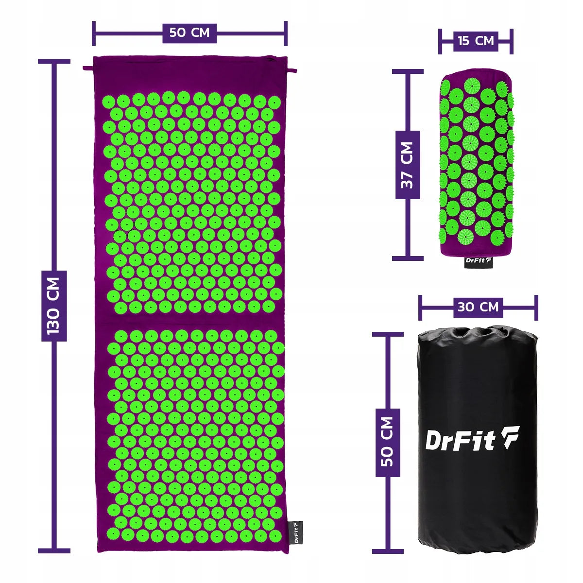 DrFit ilgas akupresūros kilimėlis su dygliais, gydomasis, su pagalve