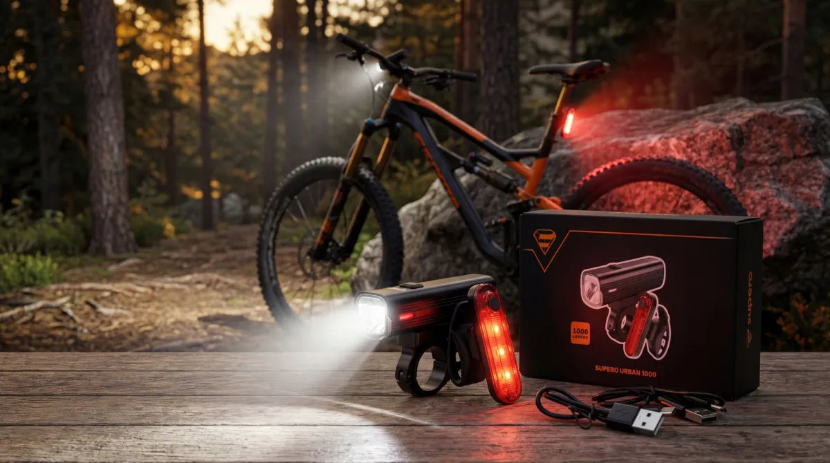 Dviratininko žibintų komplektas priekinis + galinis, 1000 lm, USB-C, IPX6, 4800 mAh