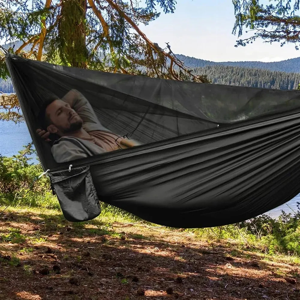 Dvivietis sodo hamakas su tinkleliu nuo uodų, tvirtas, kelioninis, su skersiniu, juodas, 270 cm
