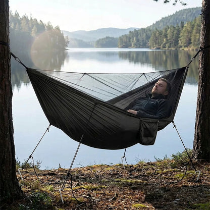 Dvivietis sodo hamakas su tinkleliu nuo uodų, tvirtas, kelioninis, su skersiniu, juodas, 270 cm