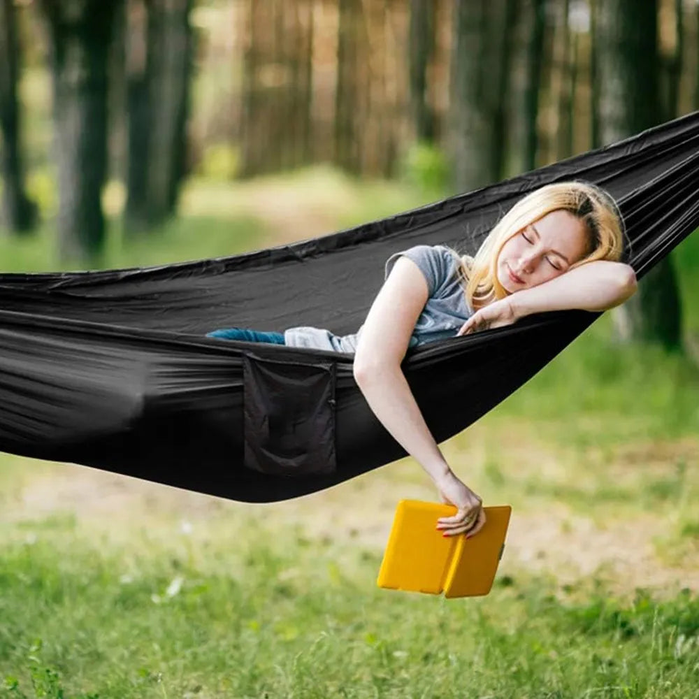 Dvivietis sodo hamakas su tinkleliu nuo uodų, tvirtas, kelioninis, su skersiniu, juodas, 270 cm