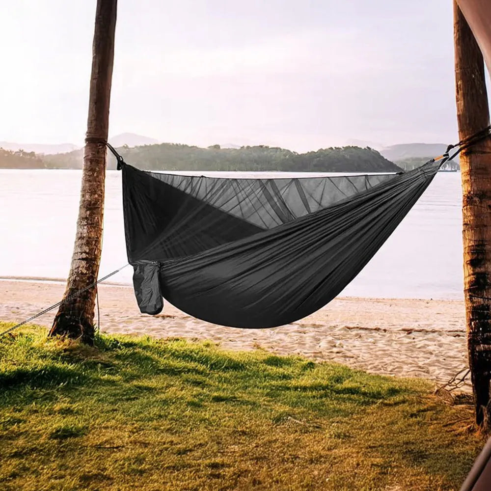 Dvivietis sodo hamakas su tinkleliu nuo uodų, tvirtas, kelioninis, su skersiniu, juodas, 270 cm