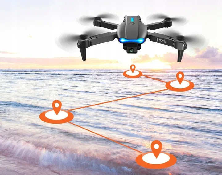 E99 dronas su 2 kameromis, „Wi-Fi“, aukščio palaikymu, kliūčių aptikimu, nuotolinio valdymo pultu ir dėklu
