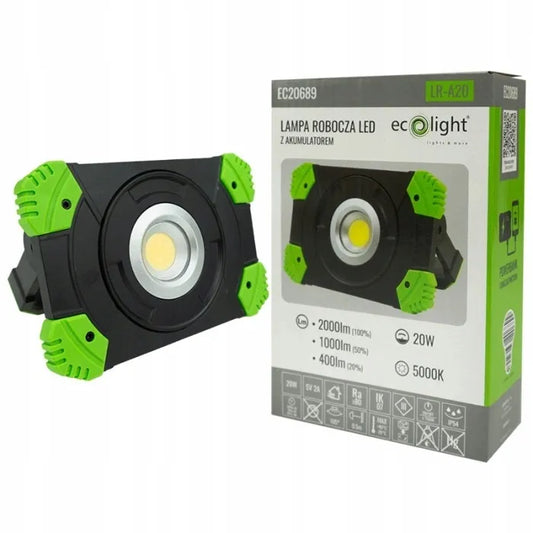 ECOLIGHT LED halogeninis darbo žibintas su akumuliatoriumi statybvietei, 20W, šalta balta šviesa 5000K