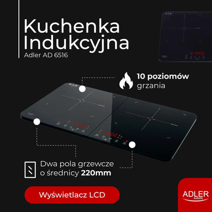 Elektrinė indukcinė kaitlentė su dviem degikliais Adler AD 6516, 3500 W, laikmatis