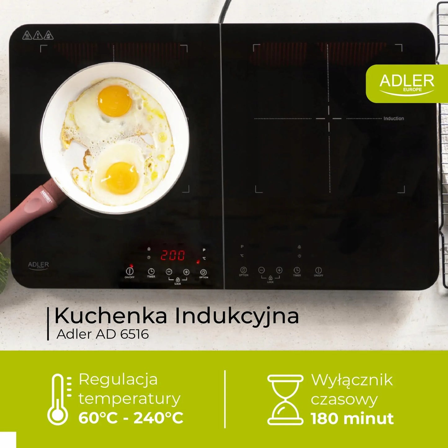 Elektrinė indukcinė kaitlentė su dviem degikliais Adler AD 6516, 3500 W, laikmatis