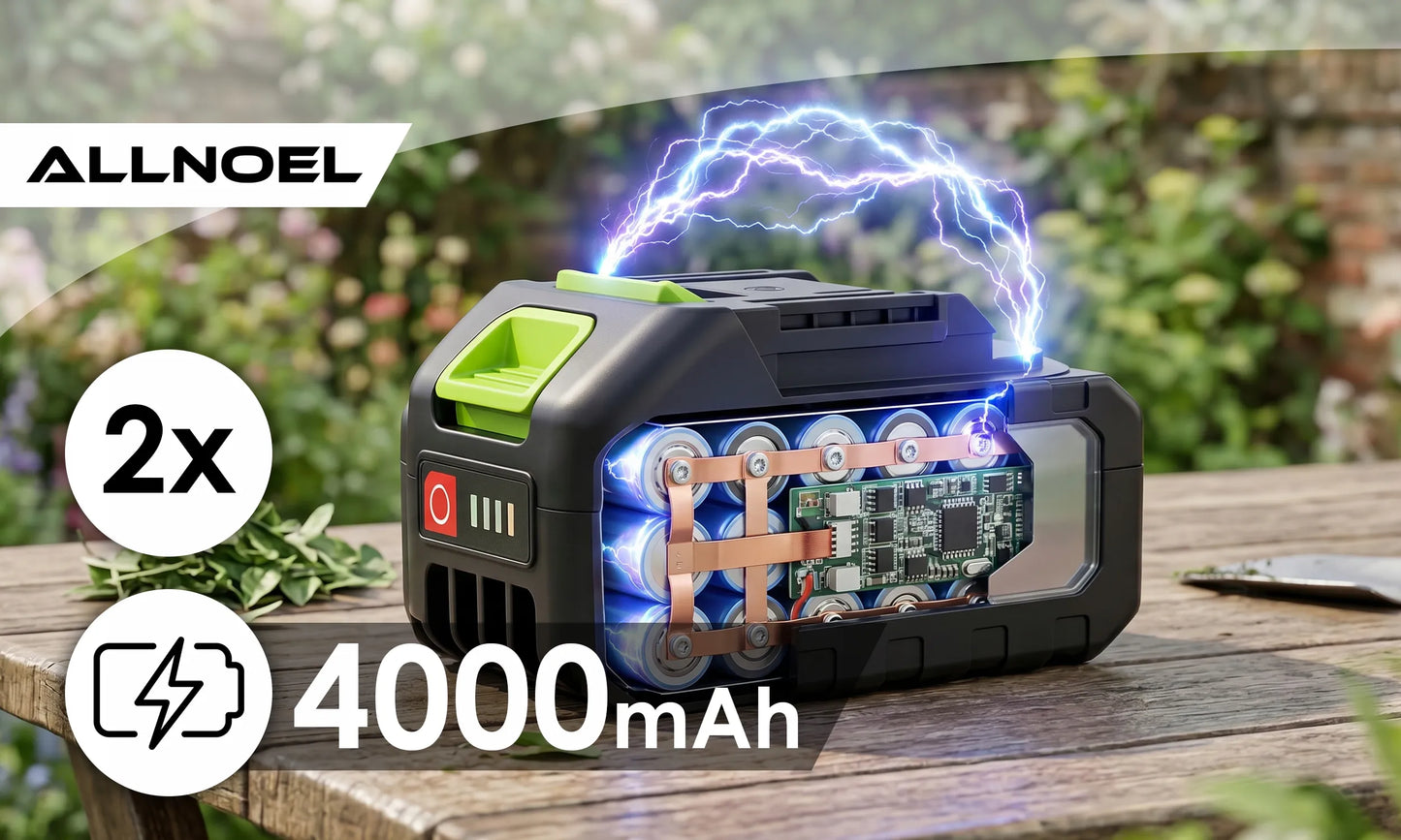 Elektrinis akumuliatorinis bešepetėlis sodo pūstuvas ALLNOEL 2X 4Ah TURBO