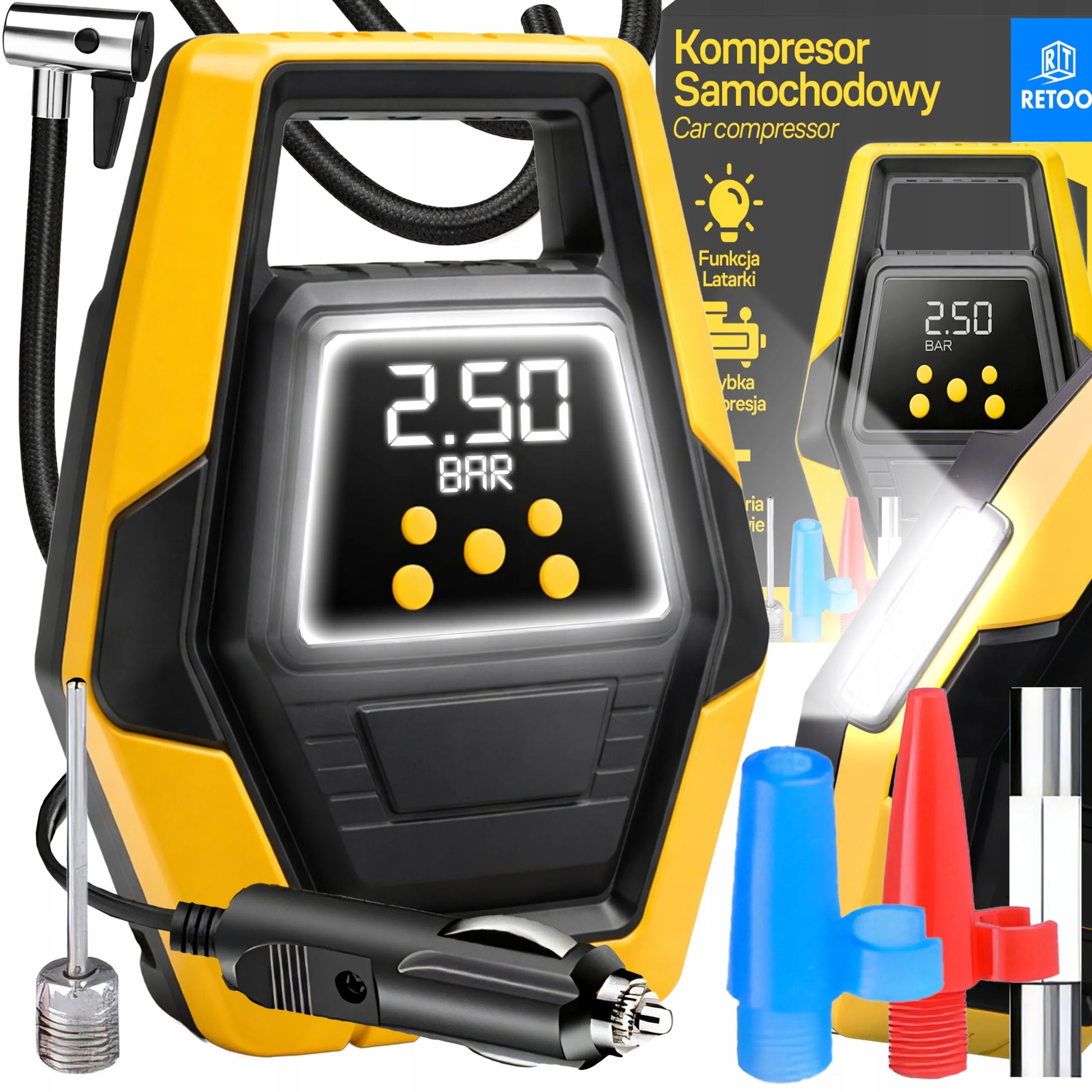 Elektrinis automobilinis kompresorius, 12 V padangų pripūtimo siurblys su LCD ekranu ir LED apšvietimu