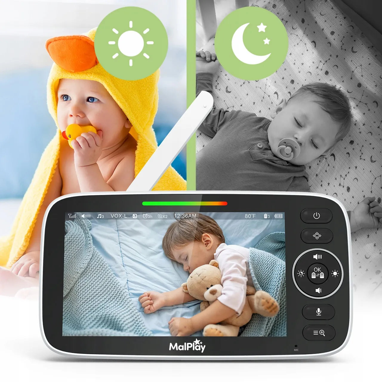 Elektroninė auklė su kamera ir 5 colių HD monitoriumi, VOX režimas, naktinis matymas
