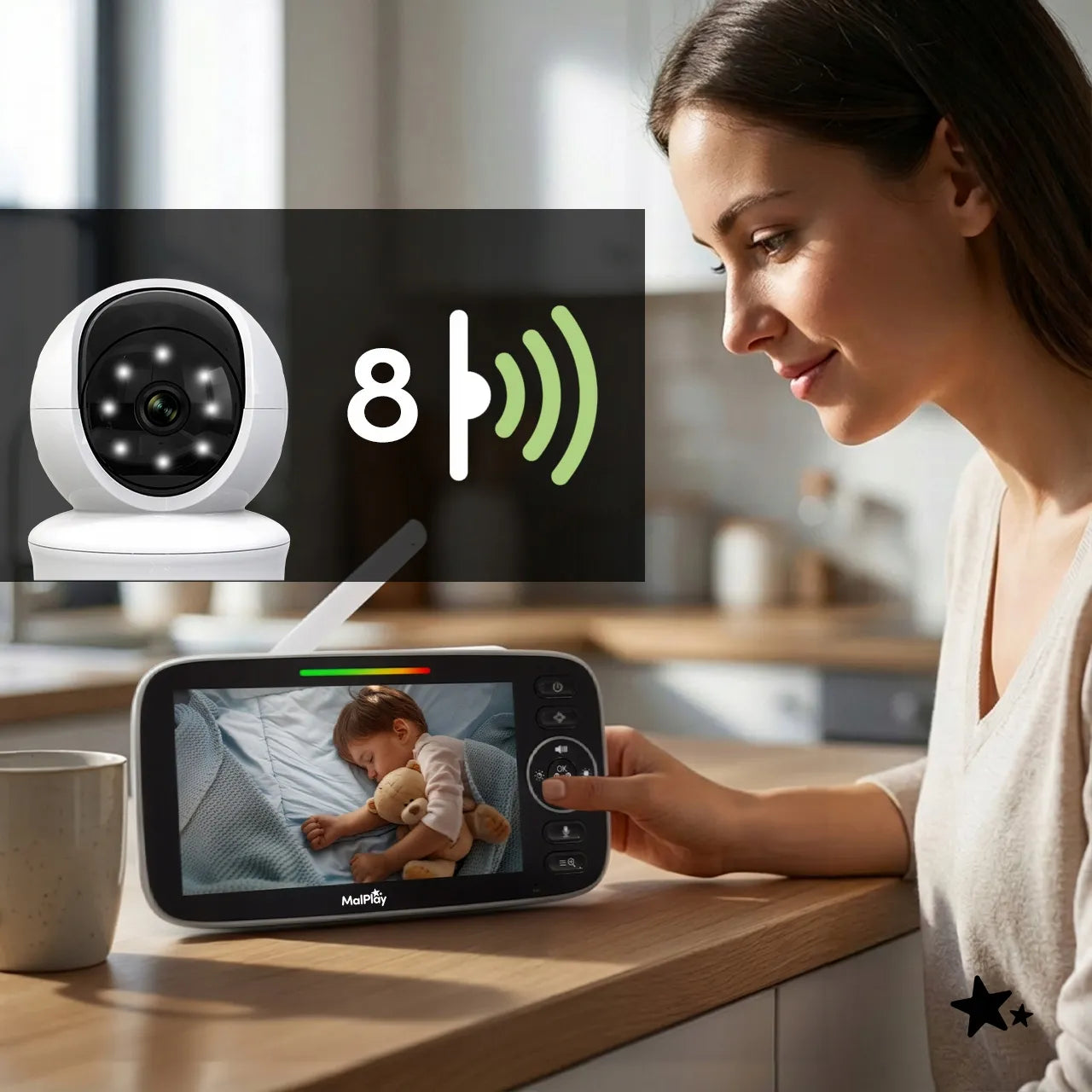 Elektroninė auklė su kamera ir 5 colių HD monitoriumi, VOX režimas, naktinis matymas