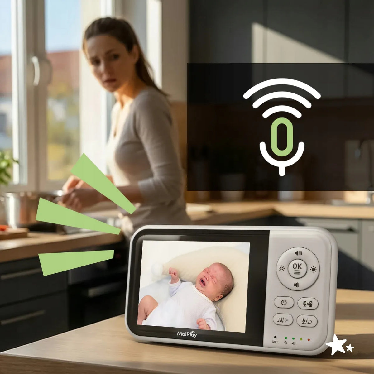 Elektroninė auklė su kamera, tiesioginiu stebėjimu, naktiniu režimu, VOX, priartinimu ir 3,2 colio LCD ekranu