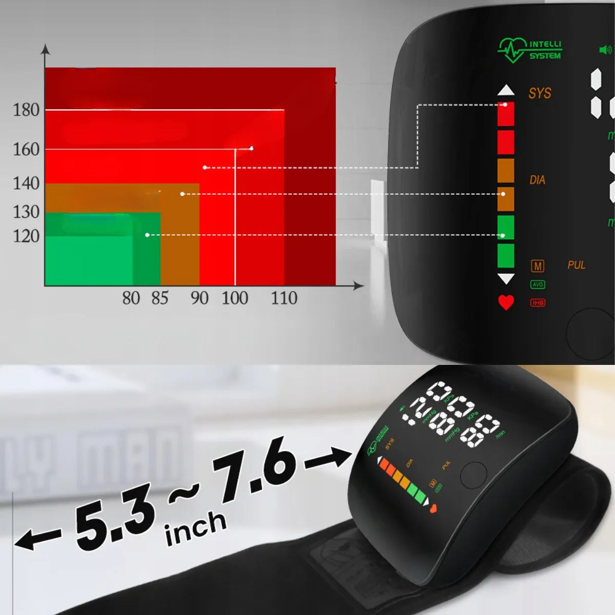 Elektroninis riešinis kraujospūdžio matuoklis su aritmijos aptikimu, dėklu ir baterija, LCD ekranas