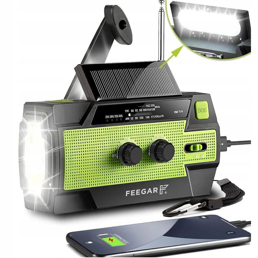 Feegar OZE 2 PRO avarinis nešiojamasis saulės radijas AM/FM, 4000 mAh