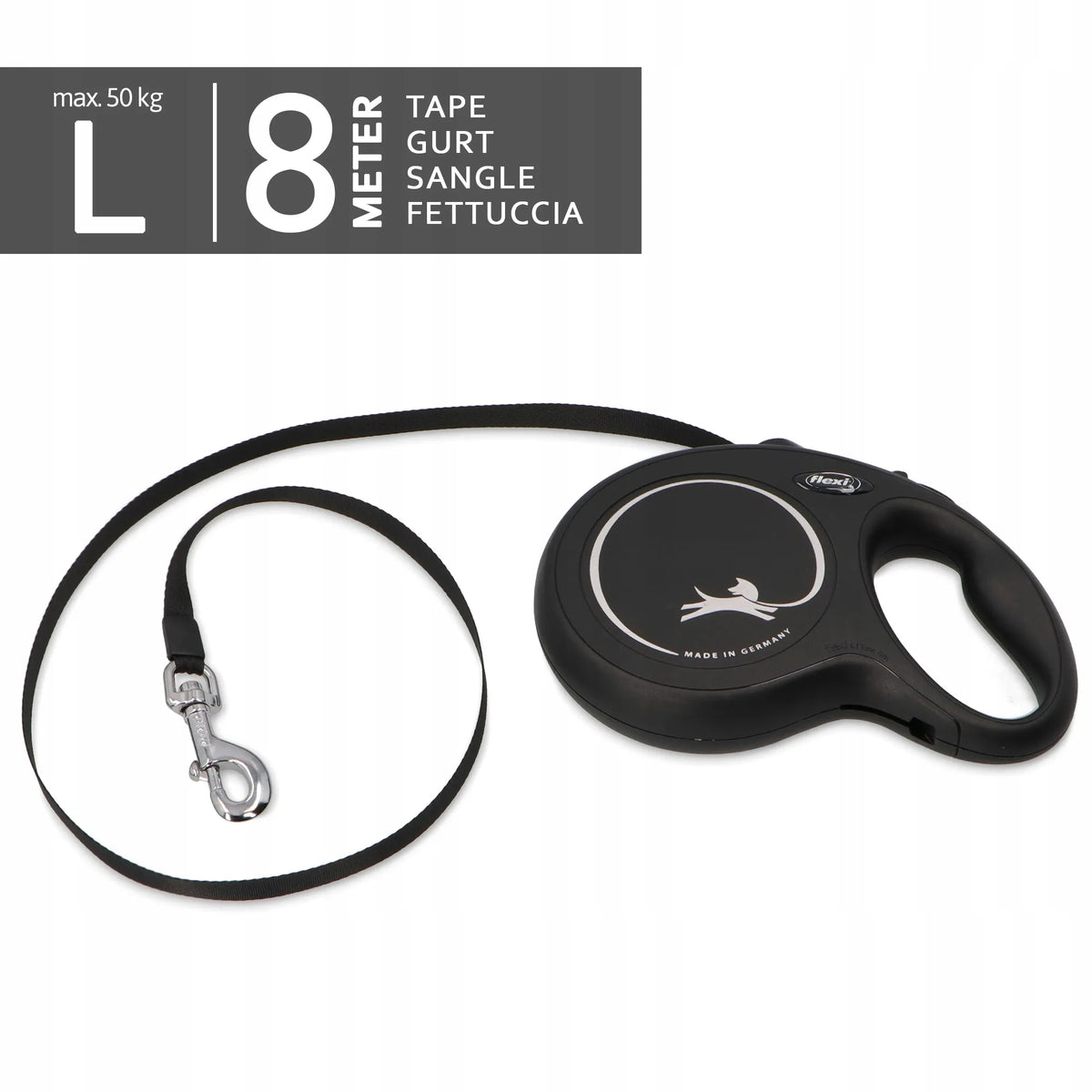 „Flexi New Classic“ automatinis juostinis pavadėlis šuniui, L, 8 m, iki 50 kg, juodas