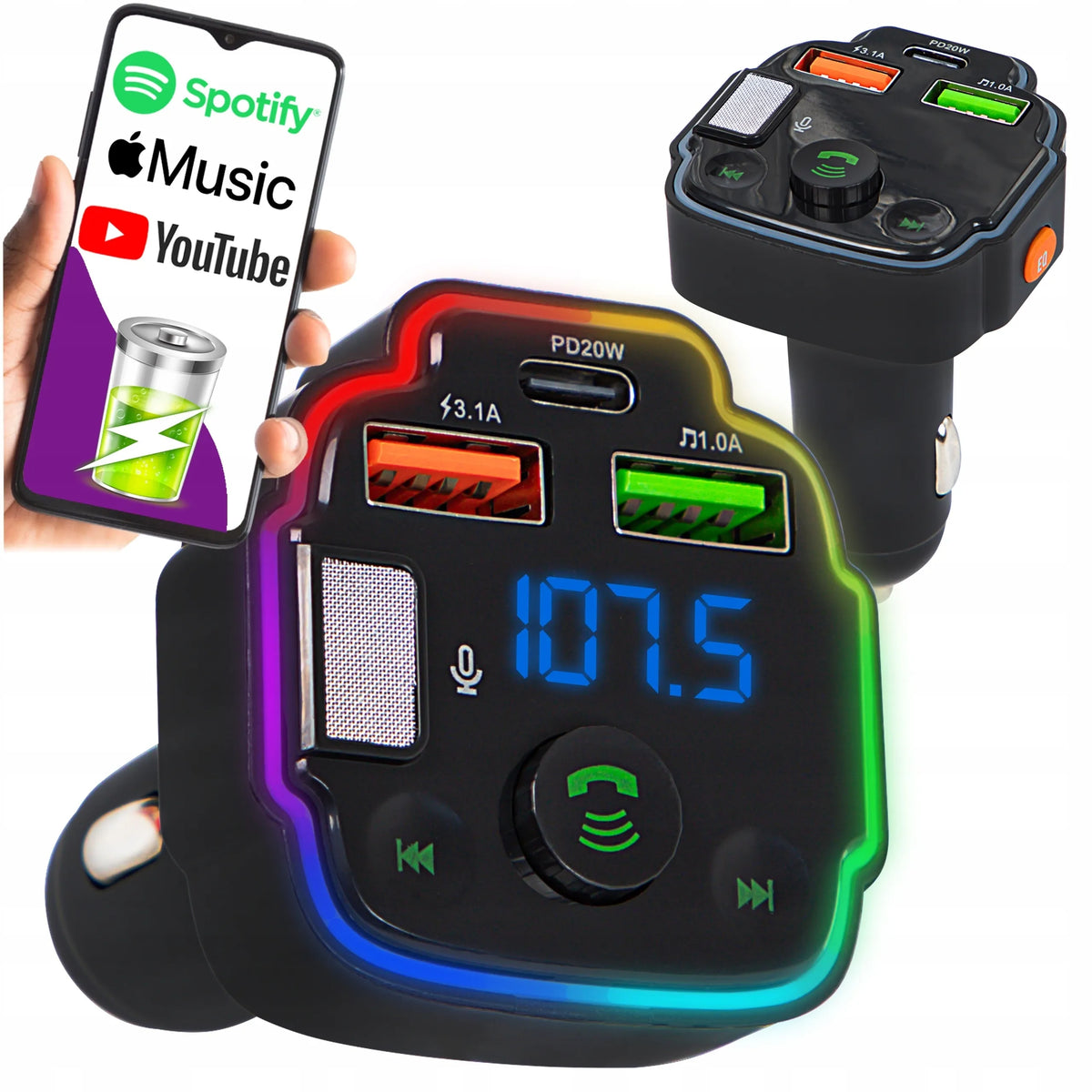 FM „Bluetooth“ siųstuvas, laisvų rankų įranga + RGB įkroviklis