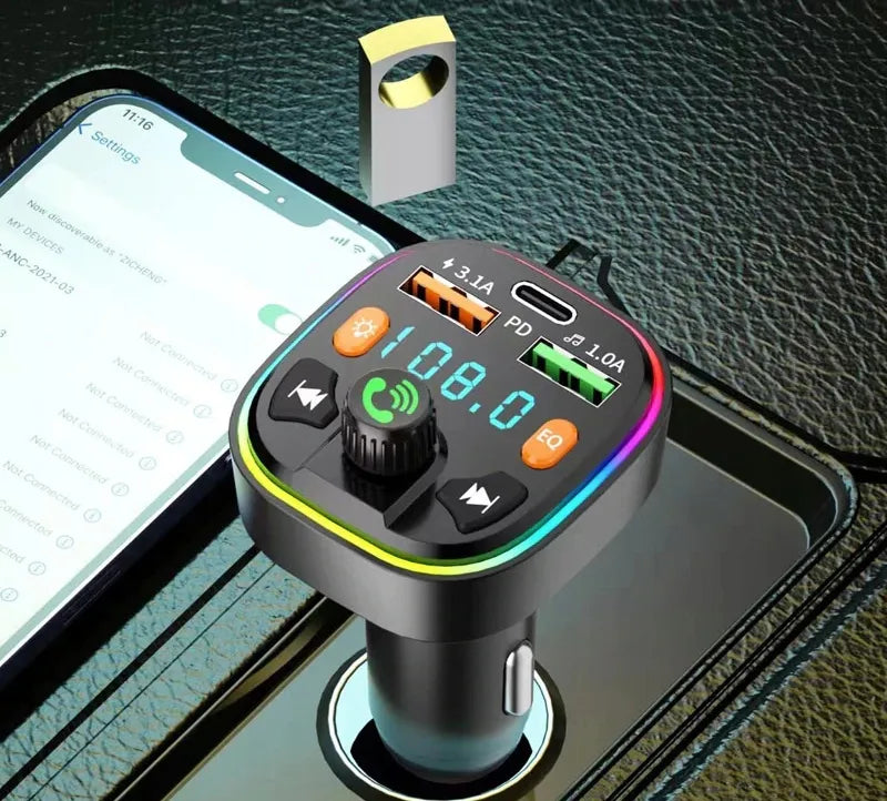FM siųstuvas BLOW Bluetooth 5.0 įkroviklis QC 3.0 PD 20W RGB 2x USB USB-C