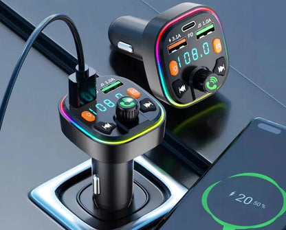 FM siųstuvas BLOW Bluetooth 5.0 įkroviklis QC 3.0 PD 20W RGB 2x USB USB-C