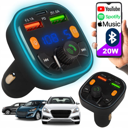 FM siųstuvas BLOW Bluetooth 5.0 įkroviklis QC 3.0 PD 20W RGB 2x USB USB-C