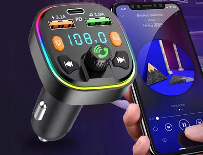 FM siųstuvas BLOW Bluetooth 5.0 įkroviklis QC 3.0 PD 20W RGB 2x USB USB-C