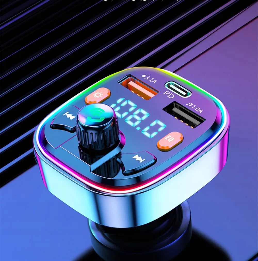 FM siųstuvas BLOW Bluetooth 5.0 įkroviklis QC 3.0 PD 20W RGB 2x USB USB-C