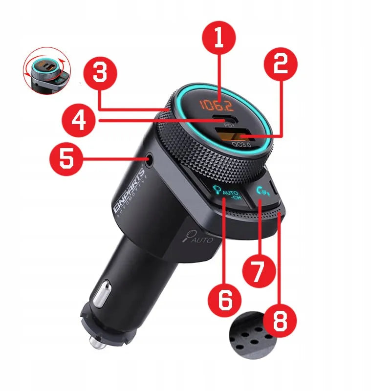 FM siųstuvas Bluetooth imtuvas USB pakrovėjas 2x QC 3.0 automobiliui