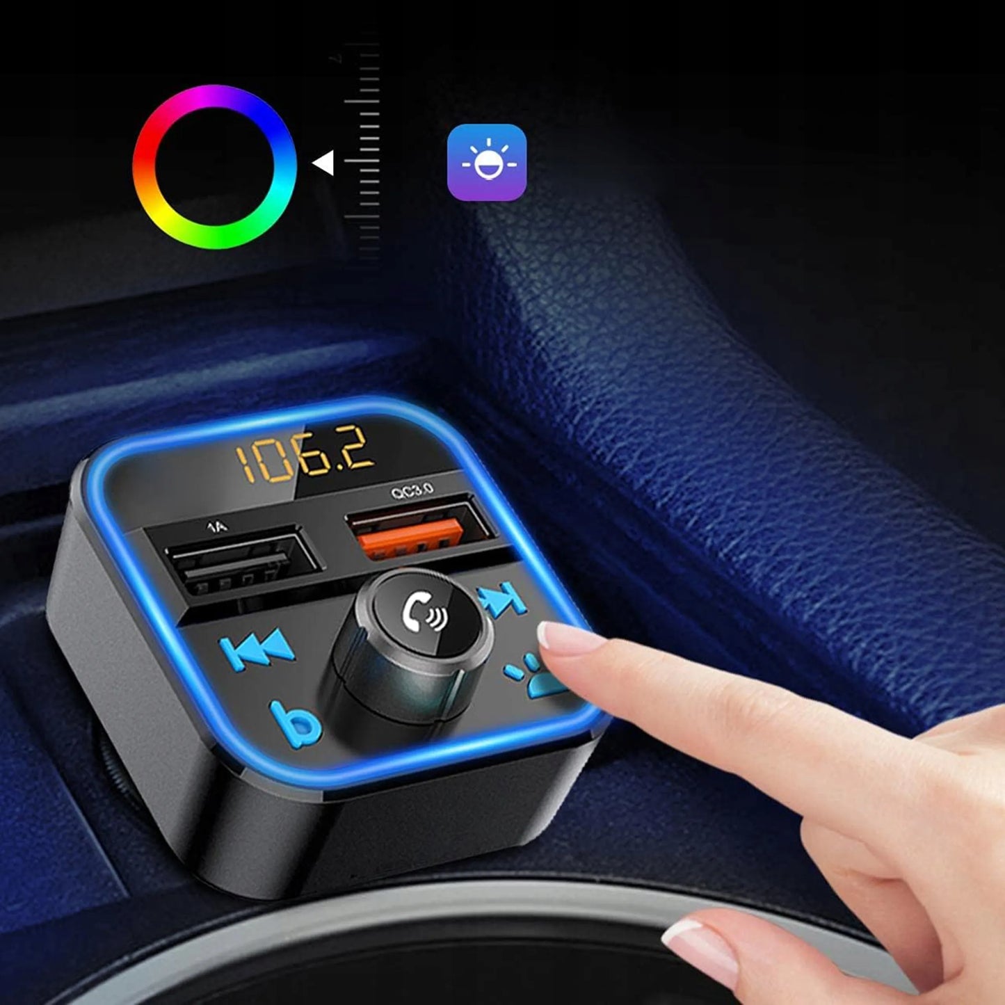 FM siųstuvas Bluetooth MP3 SD įkroviklis 2x USB greitas įkrovimas QC3.0 RGB