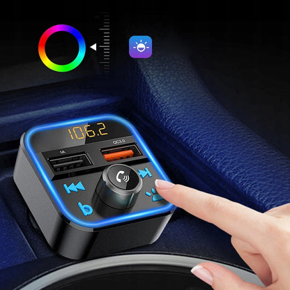 FM siųstuvas Bluetooth MP3 SD įkroviklis 2x USB greitas įkrovimas QC3.0 RGB