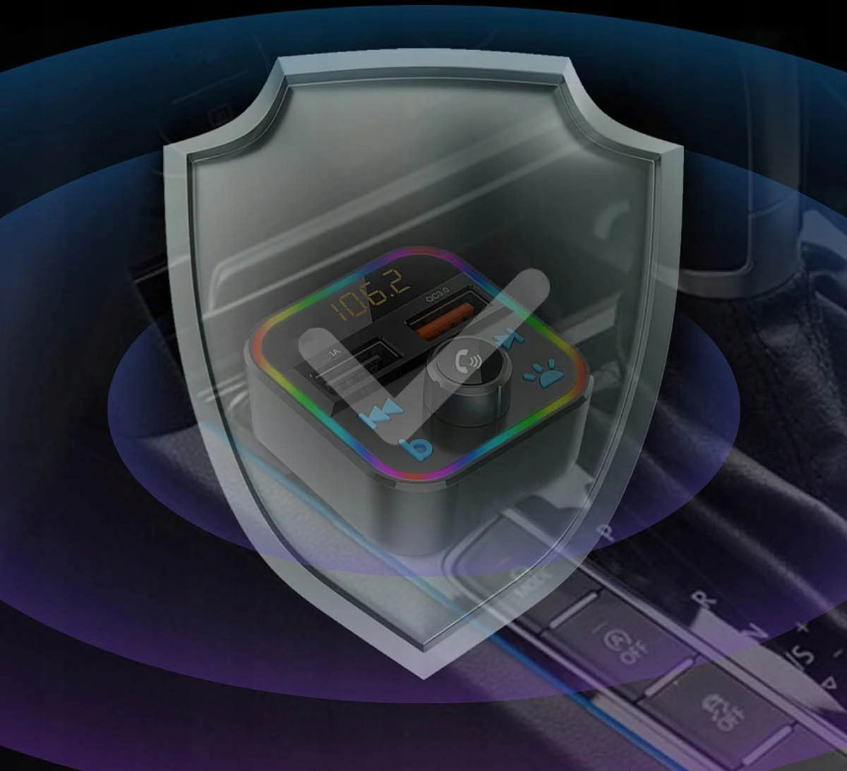 FM siųstuvas Bluetooth MP3 SD įkroviklis 2x USB greitas įkrovimas QC3.0 RGB