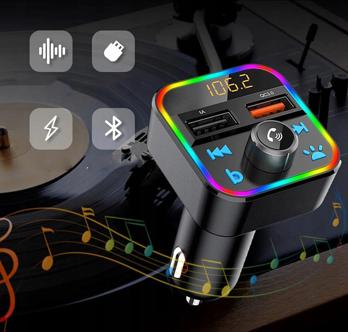 FM siųstuvas Bluetooth MP3 SD įkroviklis 2x USB greitas įkrovimas QC3.0 RGB