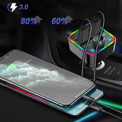 FM siųstuvas Bluetooth MP3 SD įkroviklis 2x USB greitas įkrovimas QC3.0 RGB