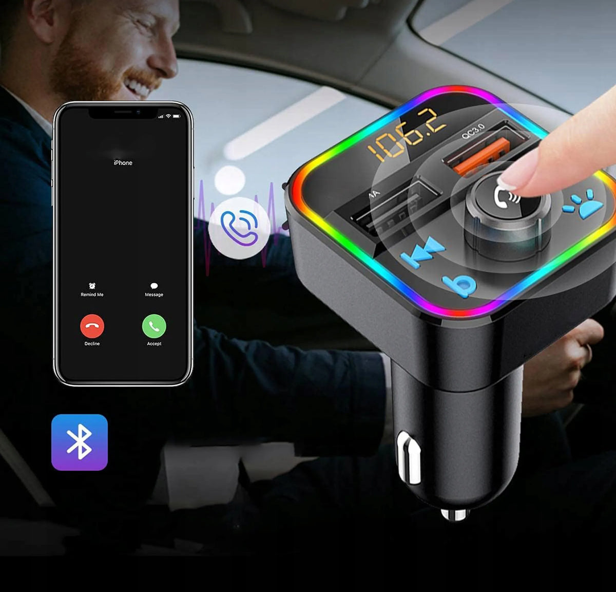 FM siųstuvas Bluetooth MP3 SD įkroviklis 2x USB greitas įkrovimas QC3.0 RGB