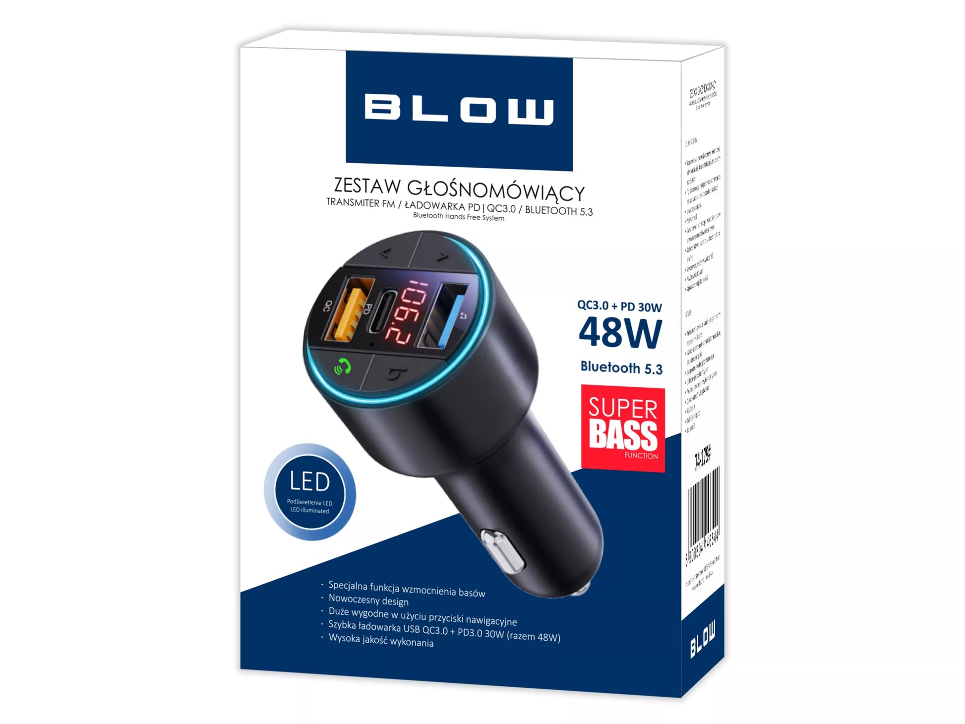 FM siųstuvas įkroviklis BLUETOOTH BT USB TIPAS-C QC 3.0 + PD 30W BASS LED MP3