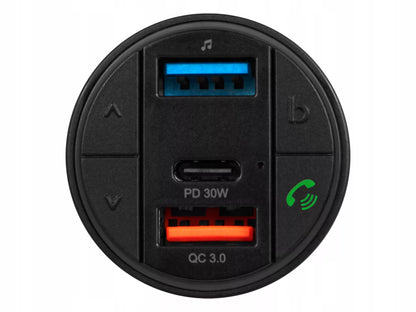 FM siųstuvas įkroviklis BLUETOOTH BT USB TIPAS-C QC 3.0 + PD 30W BASS LED MP3