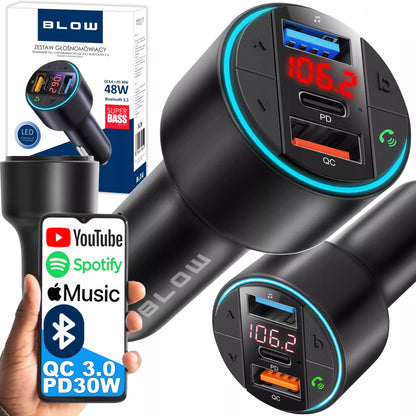 FM siųstuvas įkroviklis BLUETOOTH BT USB TIPAS-C QC 3.0 + PD 30W BASS LED MP3