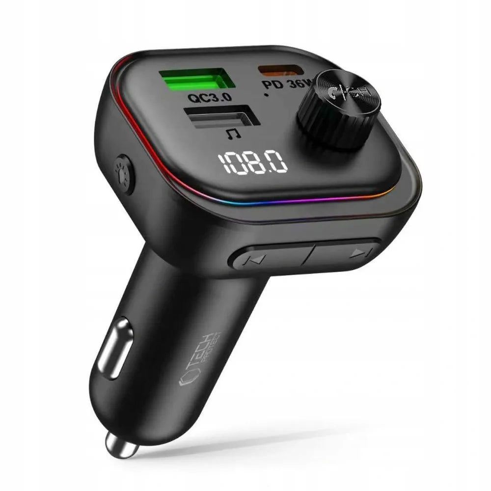 FM siųstuvas LED automobilinis įkroviklis Bluetooth USB Type-C QC3.0 + PD 36W