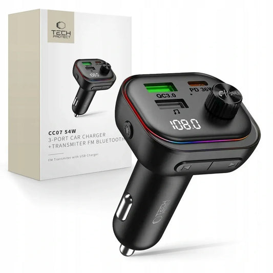 FM siųstuvas LED automobilinis įkroviklis Bluetooth USB Type-C QC3.0 + PD 36W