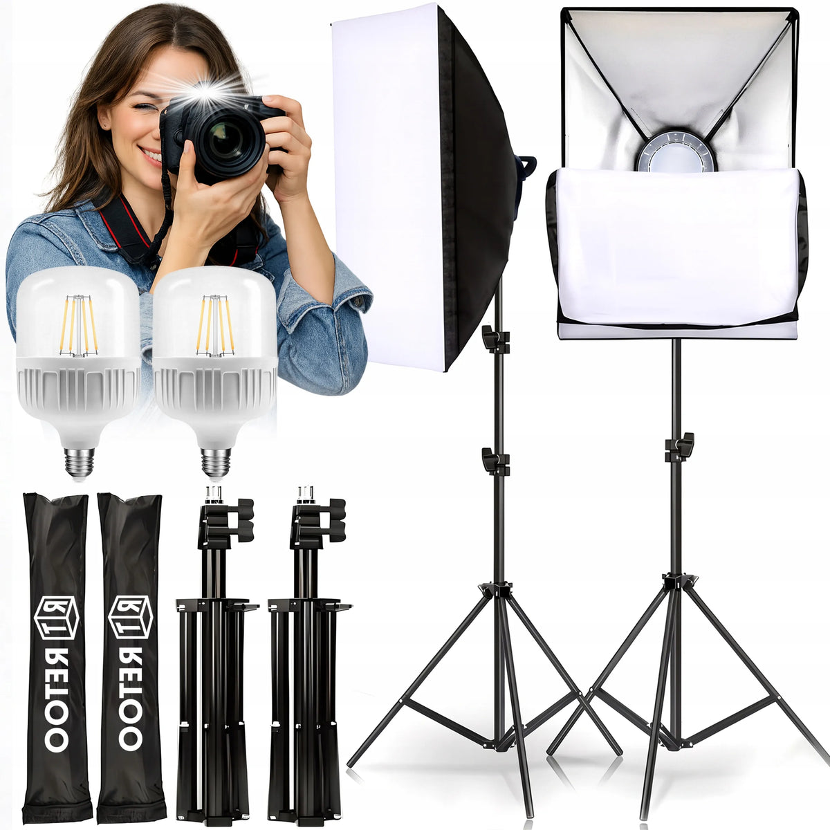 FOTOGRAFIJOS RINKINYS: 2 FOTOGRAFINĖS LEMPOS + 2 TRIKOJAI + 2 SOFTBOX DĖŽĖS 50 × 70 cm