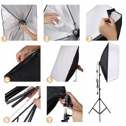 FOTOGRAFIJOS RINKINYS: 2 FOTOGRAFINĖS LEMPOS + 2 TRIKOJAI + 2 SOFTBOX DĖŽĖS 50 × 70 cm