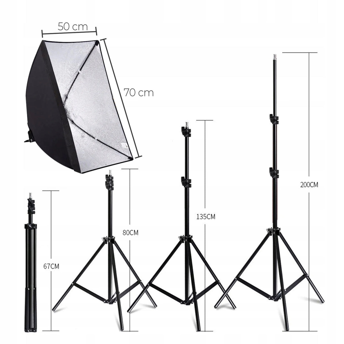 FOTOGRAFIJOS RINKINYS: 2 FOTOGRAFINĖS LEMPOS + 2 TRIKOJAI + 2 SOFTBOX DĖŽĖS 50 × 70 cm