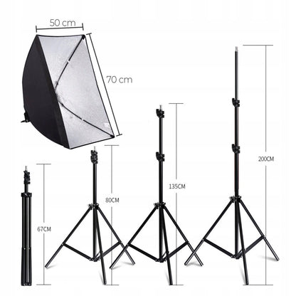 FOTOGRAFIJOS RINKINYS: 2 FOTOGRAFINĖS LEMPOS + 2 TRIKOJAI + 2 SOFTBOX DĖŽĖS 50 × 70 cm