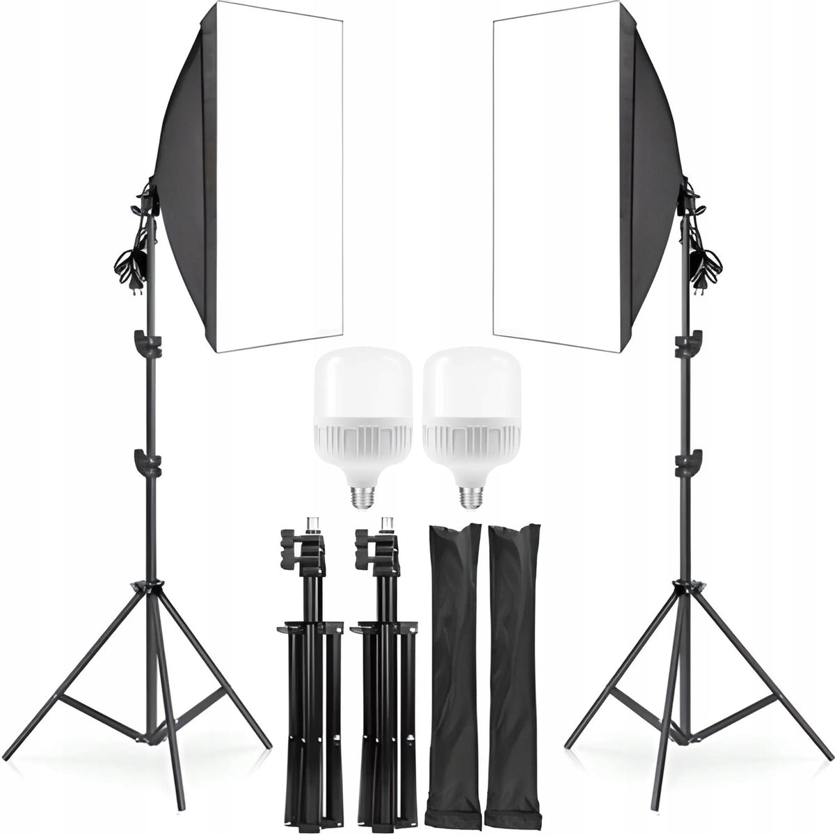 FOTOGRAFIJOS RINKINYS: 2 FOTOGRAFINĖS LEMPOS + 2 TRIKOJAI + 2 SOFTBOX DĖŽĖS 50 × 70 cm