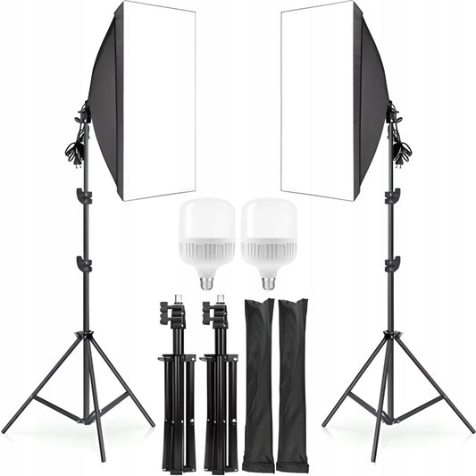 FOTOGRAFIJOS RINKINYS: 2 FOTOGRAFINĖS LEMPOS + 2 TRIKOJAI + 2 SOFTBOX DĖŽĖS 50 × 70 cm