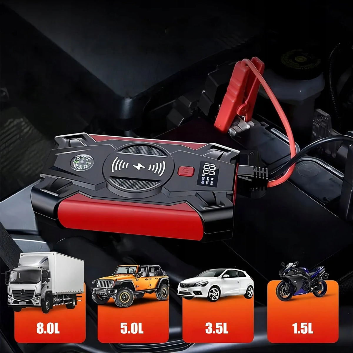 Galingas automobilinis paleidimo įrenginys „Power Bank“ su žibintu, 20 000 mAh, 12 V