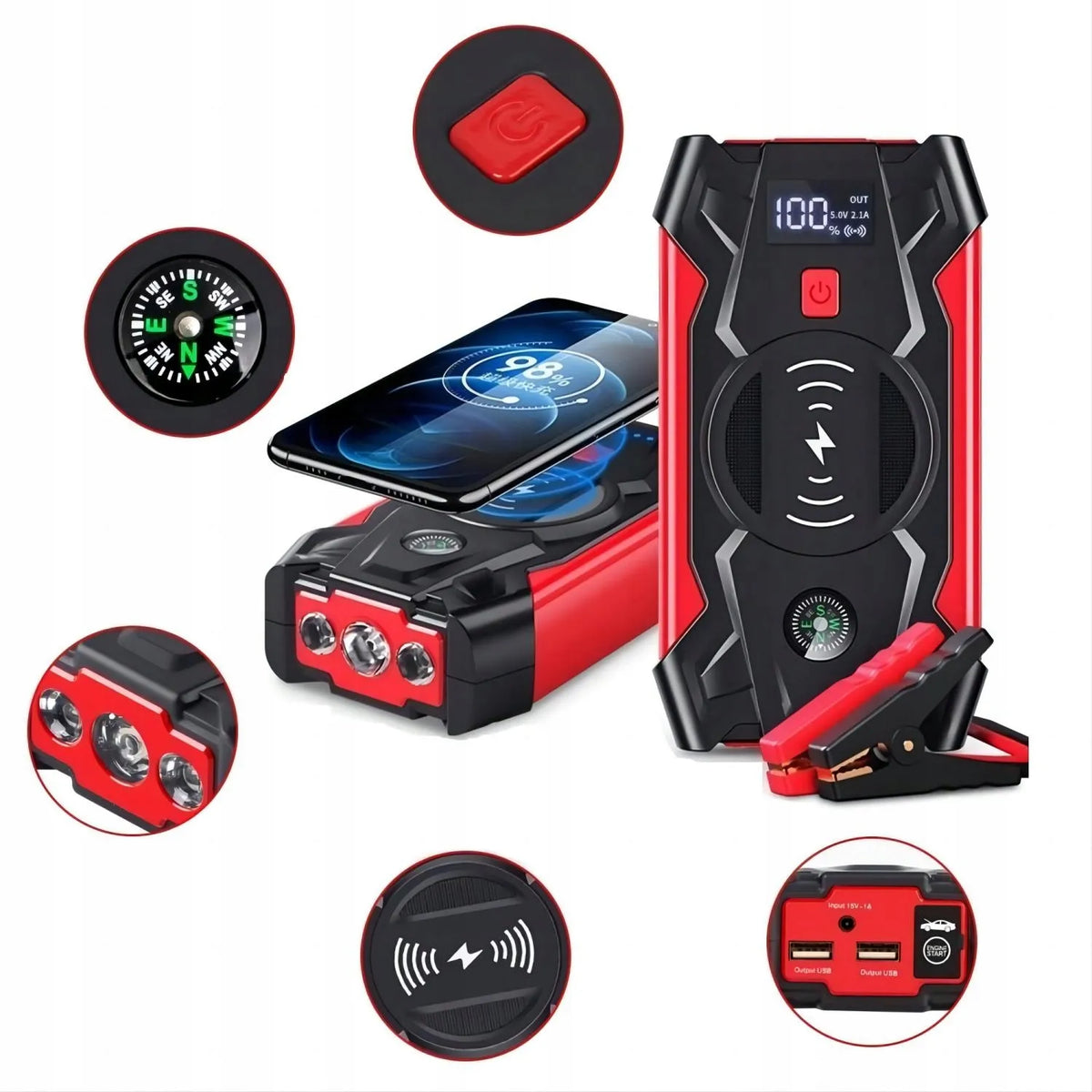 Galingas automobilinis paleidimo įrenginys „Power Bank“ su žibintu, 20 000 mAh, 12 V